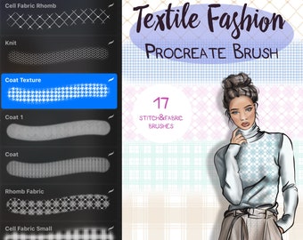 Puede incluir: Una ilustración digital de una mujer con un suéter de patrón azul y blanco y pantalones marrones. La imagen es un gráfico promocional para un conjunto de 17 pinceles Procreate para crear patrones textiles y de puntadas. El texto "Textile Fashion Procreate Brush" y "17 Stitch & Fabric Brushes" está incluido en la imagen.
