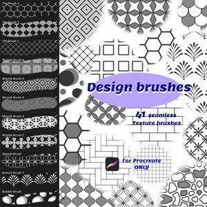 May include: A collection of 41 black and white seamless texture brushes for Procreate. The brushes feature geometric patterns, including rhombuses, tiles, and branches.
