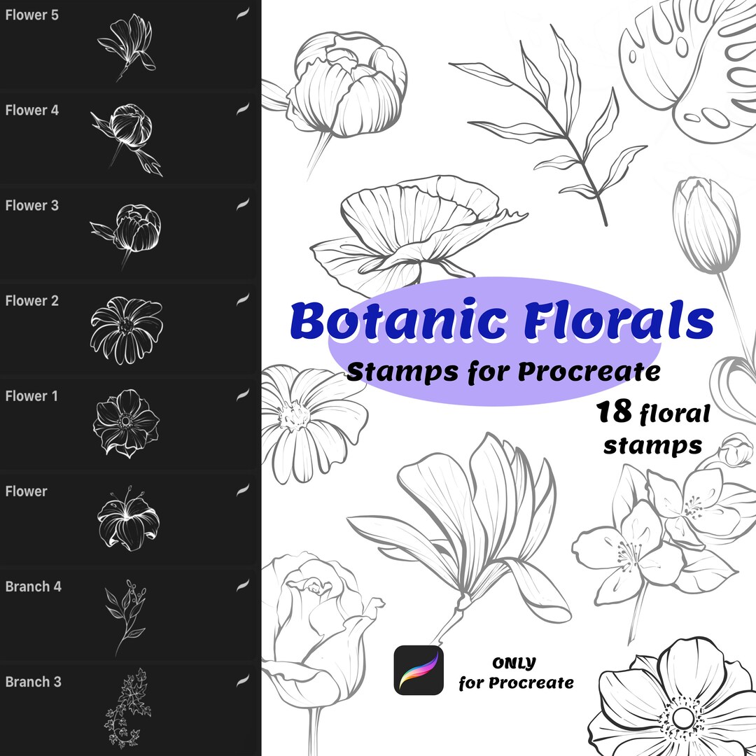 Botanical Floral Stamp Set for Procreate, Floral Tattoo Design, Flower ...