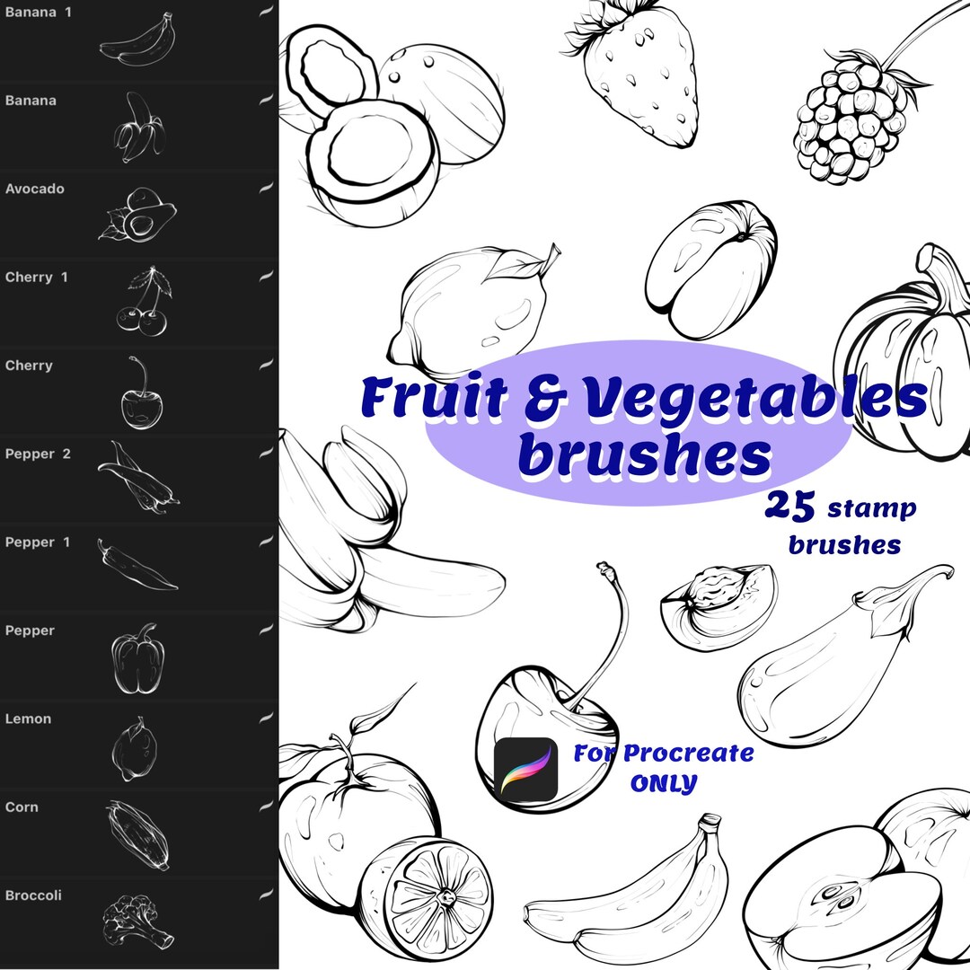 Fruit and Vegetables Stamp Brushes for Procreate, Fruit Doodle Stamps ...