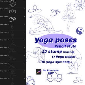 May include: A set of 27 digital stamp brushes for Procreate featuring 17 yoga poses and 10 yoga symbols in a pencil style. The image shows a variety of poses and symbols, including the yin yang symbol, the lotus flower, and the om symbol.