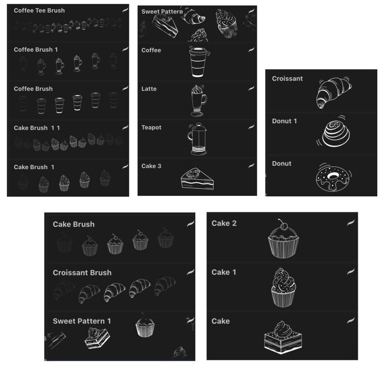 May include: A black and white digital illustration of various bakery and coffee shop items, including cakes, donuts, croissants, coffee cups, and teapots. The illustrations are arranged in rows and columns on a black background.