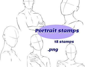 May include: A set of 18 portrait stamps for drawing, featuring different poses of people with their arms crossed, hands on their shoulders, and hands clasped in front of them. The stamps are in black and white and are designed to be used as a guide for drawing.