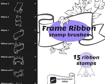 May include: A set of 15 Procreate stamp brushes featuring frame ribbon designs with leaves. The brushes are designed for use with the Procreate app. The image shows a sample of the brushes, including a ribbon with the text "Frame Ribbon stamp brushes" and a ribbon with the text "15 ribbon stamps".