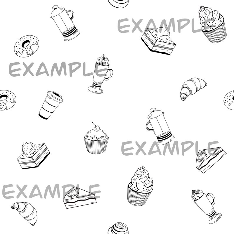 May include: Black and white line art illustration of various bakery and coffee shop items, including donuts, cupcakes, pastries, coffee, and croissants. The text "EXAMPLE" appears multiple times throughout the image.
