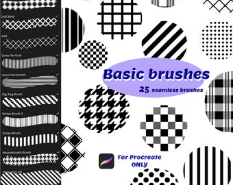 Simple basic brushes for Procreate, Dots brushes, Grid brush set, Check Seamless pattern, Cell brushes, Lined seamless paper, Plaid brushset