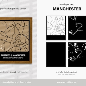 Manchester gelaagde stadsplattegrond, stadsplattegrond kunst aan de muur, multi-gelaagde stratenkaart, kaart wanddecoratie, laser gesneden bestand, Glowforge, SVG-bestand