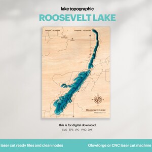 Lake House Decor, Roosevelt Lake Map SVG, Wood Wall Decor Gift, Topographic, 3D Custom Maps, Bathymetric Map Art, Xtool, DIGITAL DOWNLOAD