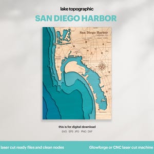 May include: Wooden topographic map of San Diego Harbor, California, USA. The map features layered blue and tan wood, depicting the harbor's depth and layout. Text includes "San Diego Harbor" and "lake topographic". Digital download files are available.