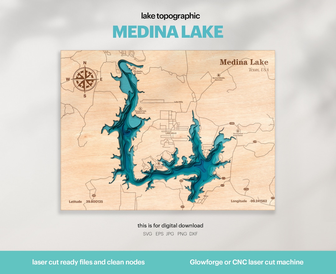 Lake House Decor, Medina Lake Map SVG, Map Art, Wood Wall Decor