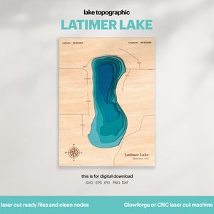 May include: A digital download of a topographic map of Latimer Lake in Minnesota. The map is a layered design with blue and green colors, and includes a compass rose and the lake's name and location. The text "this is for digital download" and "SVG EPS JPG PNG DXF" are also included. The text "laser cut ready files and clean nodes" and "Glowforge or CNC laser cut machine" are also included.