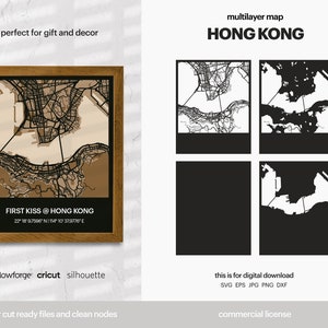 Mappa della città a strati di Hong Kong, arte della parete della mappa della città, mappa stradale multistrato, decorazione della parete della mappa, file tagliato al laser, Glowforge, file SVG