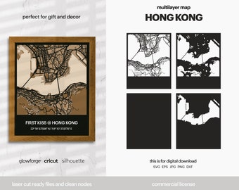 Hong Kong Layered City Map, City Map Wall Art, Multi Layer Street Map, Map Wall Decoration, Laser Cut File, Glowforge, SVG File