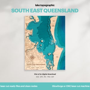 Décoration Lake House, carte du sud-est du Queensland SVG, cadeau de décoration murale en bois, topographique, cartes 3D personnalisées, art de la carte bathymétrique, téléchargement numérique
