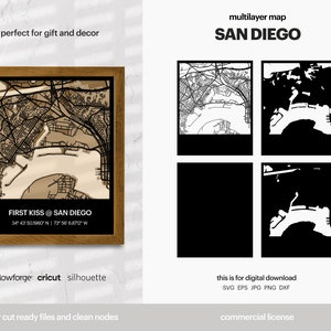 San Diego gelaagde stadsplattegrond, stadsplattegrond kunst aan de muur, multi-gelaagde stratenplan, kaart wanddecoratie, laser gesneden bestand, Glowforge, SVG-bestand