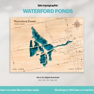Lake House Decor, Waterford Teiche Ontario Kanada Karte SVG, Holz Wanddekoration Geschenk, topographisch, Bathymetrische Karte Kunst, Xtool, DIGITAL DOWNLOAD