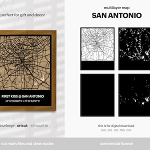 San Antonio gelaagde stadsplattegrond, stadskaart kunst aan de muur, meerlagige stratenkaart, kaart wanddecoratie, laser gesneden bestand, Glowforge, SVG-bestand