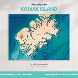 See Haus Dekor, Kodiak Island Karte SVG, Holz Wand Dekor Geschenk, Topographisch, 3D Benutzerdefinierte Karten, Bathymetrische Karte Kunst, Xtool, DIGITAL DOWNLOAD
