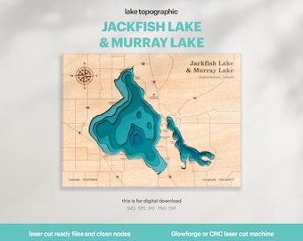 Jackfish Lake & Murray Lake Map SVG : 3D Topographic Lake House Decor (Digital Download)