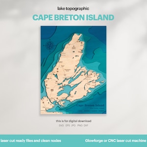 Décoration Lake House, carte de l'île du Cap-Breton SVG, décoration murale en bois, topographique, cartes personnalisées 3D, art de la carte bathymétrique, Xtool, TÉLÉCHARGEMENT NUMÉRIQUE
