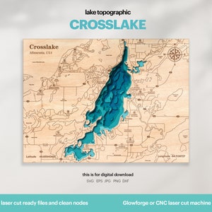 Lake House Decor, Crosslake Karte SVG, Lake Life, Karte Kunst, Holz Wand Dekor Geschenk, Topografisch, 3D Glowforge Datei, Xtool, DIGITAL DOWNLOAD