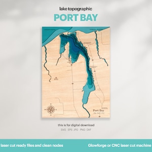 Decorazione per casa sul lago, mappa di Port Bay in formato SVG, decorazione da parete in legno, regalo, mappe topografiche personalizzate in 3D, mappe batimetriche artistiche, Xtool, DOWNLOAD DIGITALE