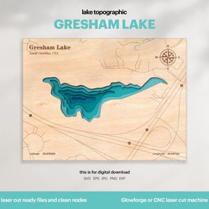 Può includere: Mappa topografica in legno tagliata al laser del lago Gresham, Carolina del Sud, USA. La mappa presenta strati blu di profondità dell'acqua e strade circostanti. Testo: "Gresham Lake" e "South Carolina, USA". Per il download digitale.