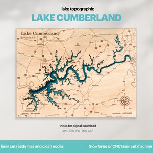 Décoration de maison sur le lac, carte du lac Cumberland SVG, décoration murale carte en bois, cadeau personnalisé, topographique, Glowforge, Xtool, TÉLÉCHARGEMENT NUMÉRIQUE