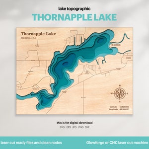 Lake House Decor, Thornapple Lake Karte SVG, Holz Wand Dekor Geschenk, Topographisch, 3D Benutzerdefinierte Karten, Bathymetrische Karte Kunst, Xtool, DIGITAL DOWNLOAD