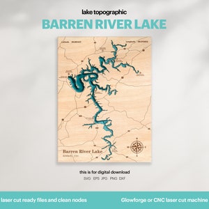 Decorazione per casa sul lago, mappa del lago Barren River in formato SVG, decorazione da parete in legno, regalo, mappe topografiche personalizzate in 3D, mappa batimetrica artistica, Xtool, DOWNLOAD DIGITALE