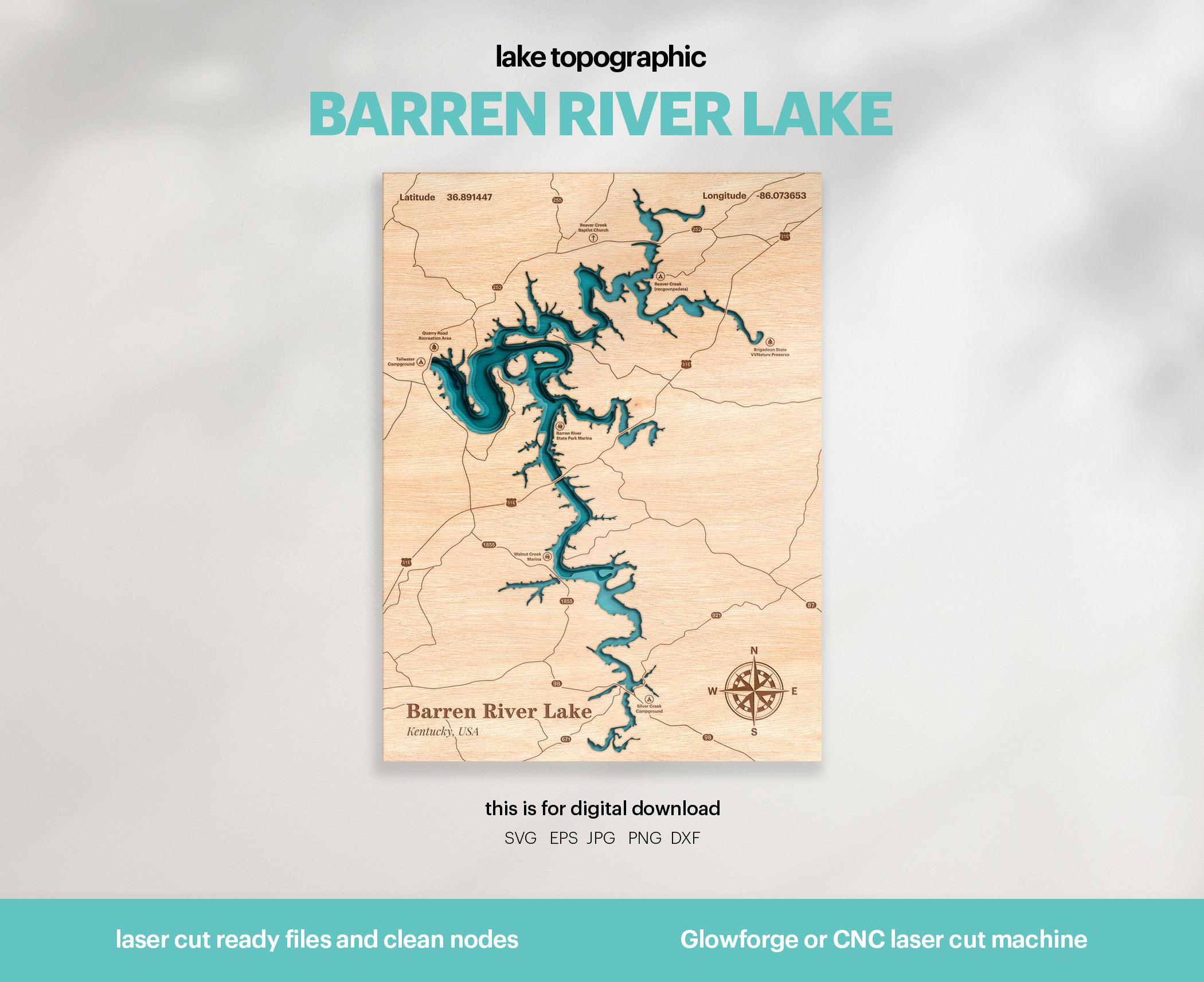 Barren River Lake Map SVG: 3D Topographic Laser Cut File (digital ...