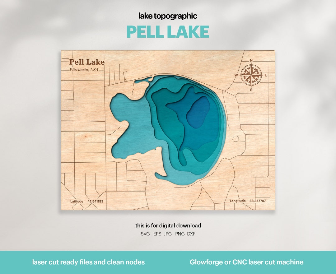Lake House Decor, Pell Lake Map SVG, Wood Wall Decor Gift, Topographic, 3D Custom Maps
