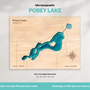Decorazione per casa sul lago, mappa del lago Posey in formato SVG, decorazione da parete in legno, regalo, mappe topografiche personalizzate in 3D, mappe batimetriche artistiche, Xtool, DOWNLOAD DIGITALE