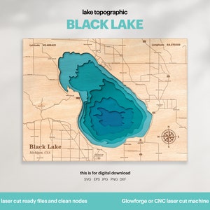 Lake House Decor, Black Lake Kaart SVG, Houten Muur Decor Cadeau, Topografisch, 3D Aangepaste kaarten, Bathymetrische Kaart Kunst, Xtool, DIGITALE DOWNLOAD