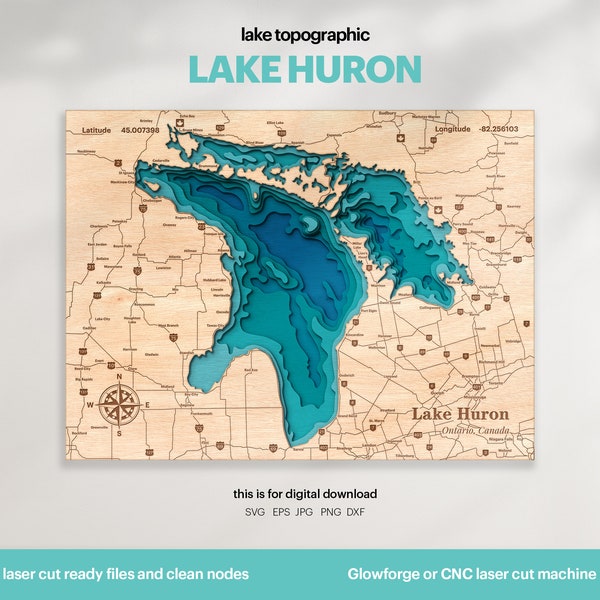 Lake House Decor, Huron Lake Map SVG, Wood Wall Decor Gift, Topographic, 3D Custom Maps, Bathymetric Map Art, Glowforge, DIGITAL DOWNLOAD