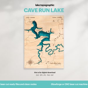 Décoration de maison au bord du lac, carte Cave Run Lake SVG, art de la carte, cadeau de décoration murale en bois, topographique, cartes personnalisées 3D, graver Glowforge, téléchargement numérique