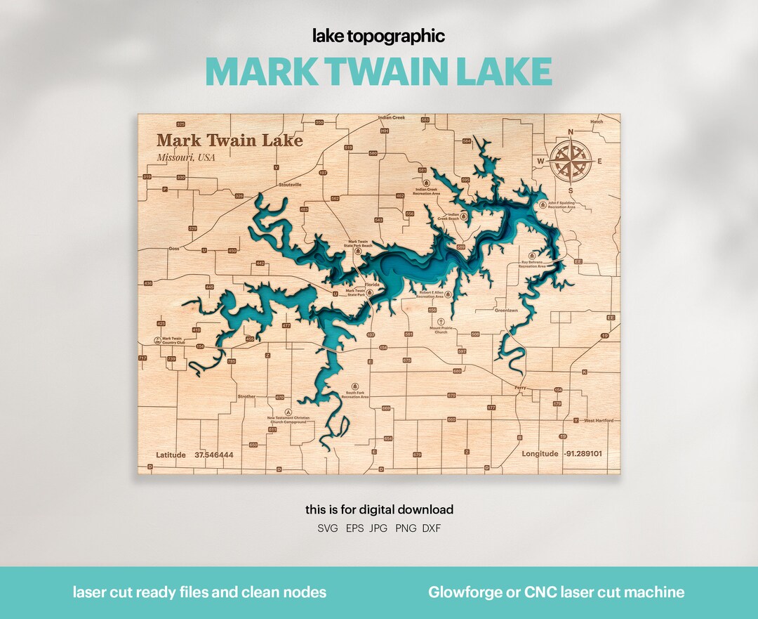 Lake House Decor, Mark Twain Lake Map SVG, Wood Wall Decor Gift