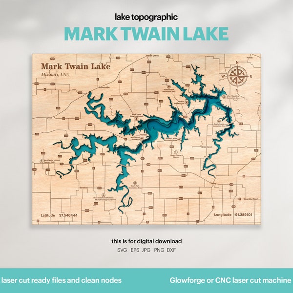 Lake House Decor, Mark Twain Lake Map SVG, Wood Wall Decor Gift, Topographic, 3D Custom Maps, Bathymetric Map Art, Xtool, DIGITAL DOWNLOAD