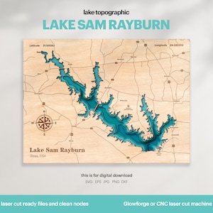 Décoration de maison au bord du lac, carte SVG Sam Rayburn Lake, cadeau de décoration murale en bois, topographique, cartes 3D personnalisées, art de la carte bathymétrique, Xtool, TÉLÉCHARGEMENT NUMÉRIQUE