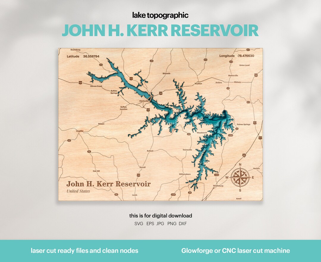 Lake House Decor, John H Kerr Reservoir Map SVG, Wood Wall Decor Gift
