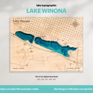 Lake House Decor, Winona Lake Karte SVG, Holz Wand Dekor Geschenk, Topographisch, 3D Benutzerdefinierte Karten, Bathymetrische Karte Kunst, Xtool, DIGITAL DOWNLOAD