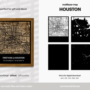 Houston geschichtete Stadtkarte, Stadtkarte Wandkunst, mehrschichtige Straßenkarte, Karte Wanddekoration, Laser geschnittene Datei, Glowforge, SVG-Datei