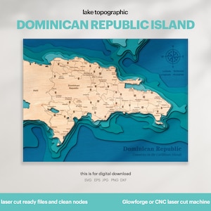 Décoration de maison sur le lac, carte de l'île de la République dominicaine, SVG, cadeau de décoration murale en bois, topographique, cartes personnalisées 3D, enseigne de carte, Xtool, TÉLÉCHARGEMENT NUMÉRIQUE