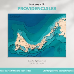Lake House Decor, Mappa dell'isola di Providenciales SVG, Regalo di decorazione della parete in legno, Topografica, Mappe personalizzate 3D, Arte della mappa batimetrica, DOWNLOAD DIGITALE