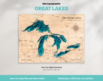 Lake House Decor, Great Lakes Map SVG, Wood Wall Decor Gift, Topographic, 3D Custom Maps, Bathymetric Map Art, Xtool, DIGITAL DOWNLOAD