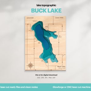 Decorazione della casa sul lago, mappa del lago Buck SVG, arte della mappa, regalo di decorazione della parete in legno, topografica, mappe personalizzate 3D, file batimetrico, Xtool, DOWNLOAD DIGITALE