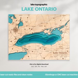 Décoration maison lac, carte du lac Ontario SVG, cadeau déco murale bois, topographique, cartes personnalisées 3D, art de la carte bathymétrique, Xtool, TÉLÉCHARGEMENT NUMÉRIQUE