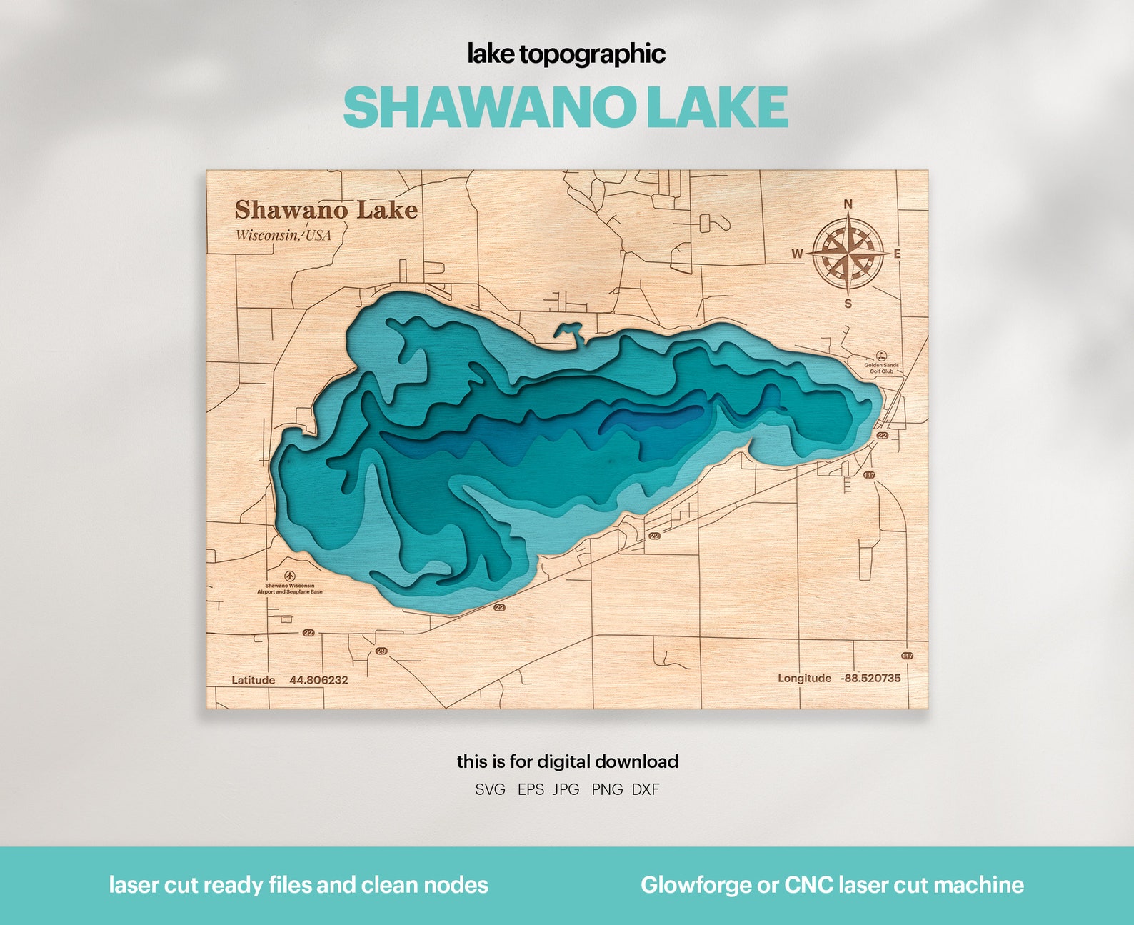 Shawano Map Shawano Lake Topographic Map SVG: 3D Wood Wall Art (digital Download ...