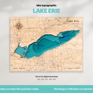 Decoração de casa no lago, mapa do Lago Erie SVG, decoração de parede de madeira para presente, topográfico, mapas personalizados em 3D, arte de mapa batimétrico, Xtool, DOWNLOAD DIGITAL