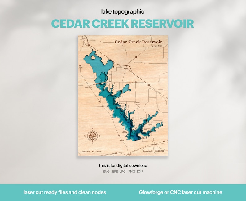 Lake House Decor, Cedar Creek Reservoir Map SVG, Wood Wall Decor Gift